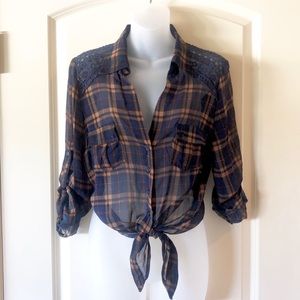 Sheer plaid navy and tan blouse with front tie and lace back